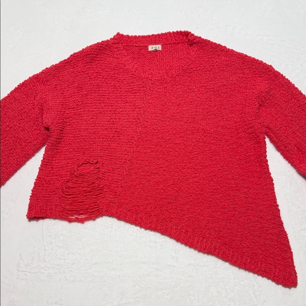 POL Coral Asymmetric Cropped Distressed Knit Sweater
